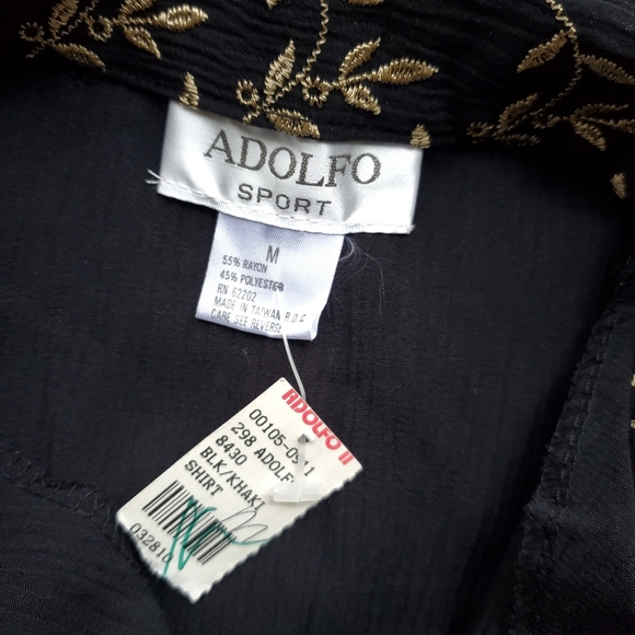 Vintage NWT Adolfo Sport Black Gold Embroidered Leaves Rayon Blend Blouse Top /M - Picture 8 of 9